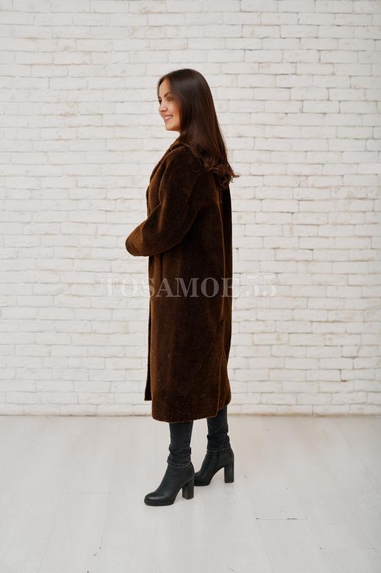 Удлиненная шуба-пальто из шерсти коричневого цвета фото №5