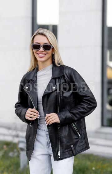 Кожаная черная куртка косуха оверсайз