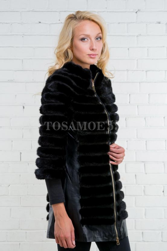 Шуба облегченная из норки с кожаными вставками фото №2