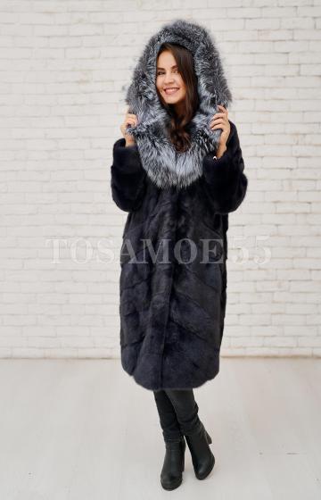 Норковая шуба графит с чернобуркой модель кокон
