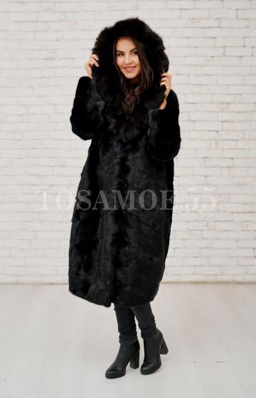 Чёрная шуба из меха норки с капюшоном модель баллон
