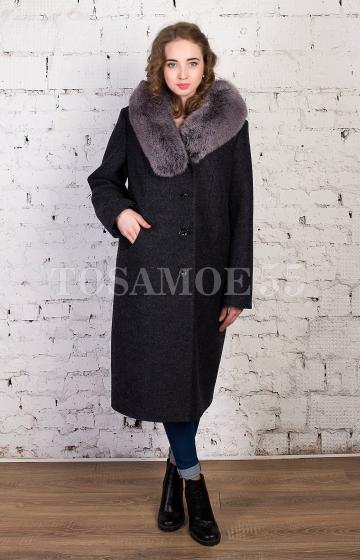 Пальто удлиненное цвета графит с песцом