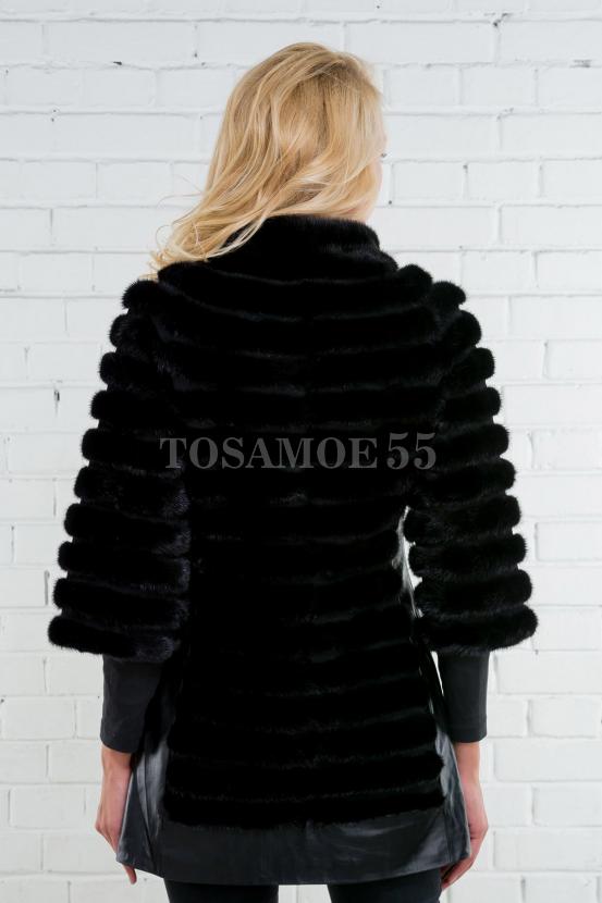 Шуба облегченная из норки с кожаными вставками фото №3