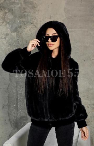 Норковая шуба - бомбер с капюшоном графитового цвета