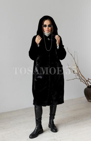 Чёрная норковая шуба Premium с накладными карманами