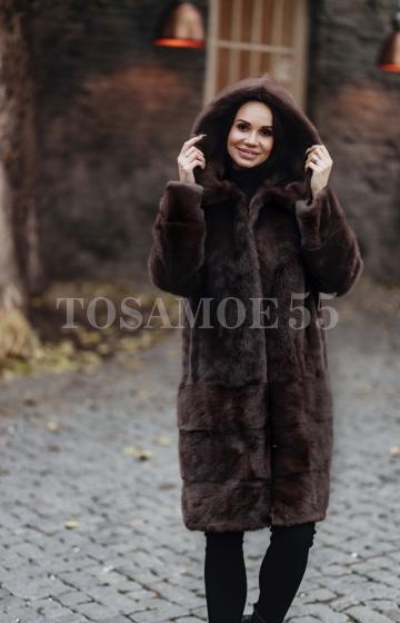 Норковая шуба с капюшоном коричневая