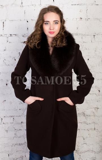 Пальто из тёмно-коричневой шерсти воротник из песца