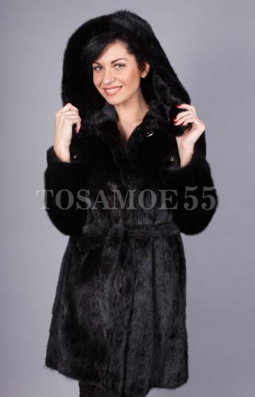 Норковая чёрная шуба с капюшоном Классика