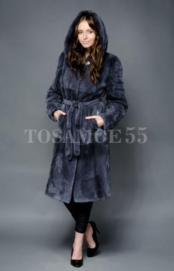 Шуба из бобрика темно-серого цвета с капюшоном
