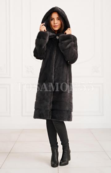 Норковая шуба графитового цвета с капюшоном