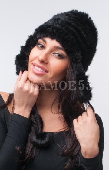 Шапка-ушанка черного цвета из меха норки