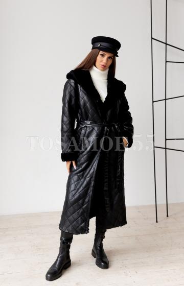 Удлиненная дубленка с капюшоном