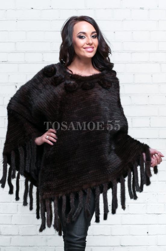 Накидка из вязанной норки темно-коричневого цвета воротник лодочка фото №1