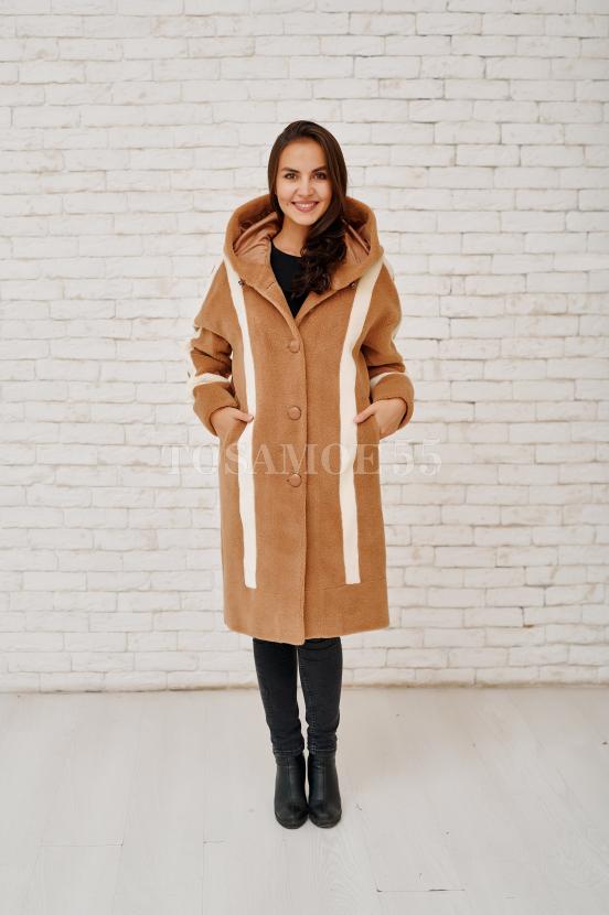 Стильная шуба-пальто из шерсти с капюшоном фото №2