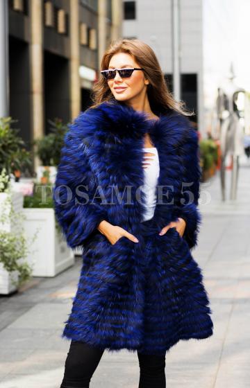 Меховое синее пальто из чернобурки