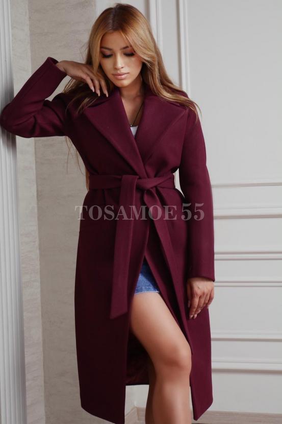 Удлиненное пальто бордового цвета фото №2