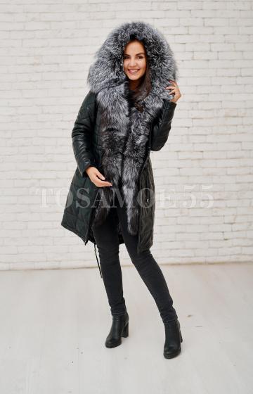 Стёганая парка-пальто с чернобуркой