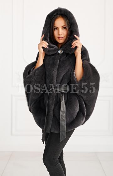 Норковая шуба летучая мышь графит с капюшоном