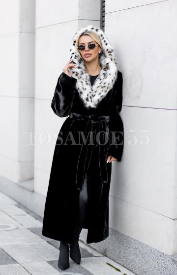 Черная эко шуба premium с капюшоном в принте рысь