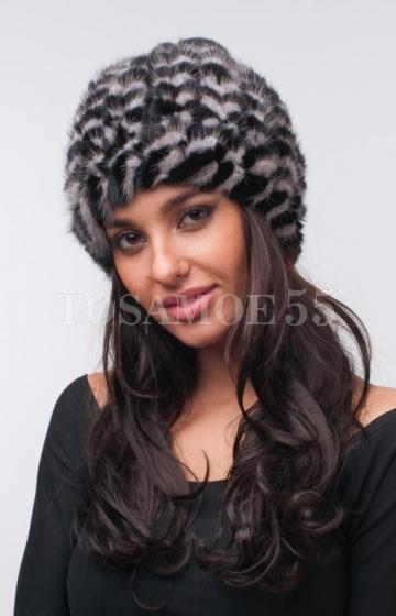 Шапка «снопик» черно-серая из вязаной норки