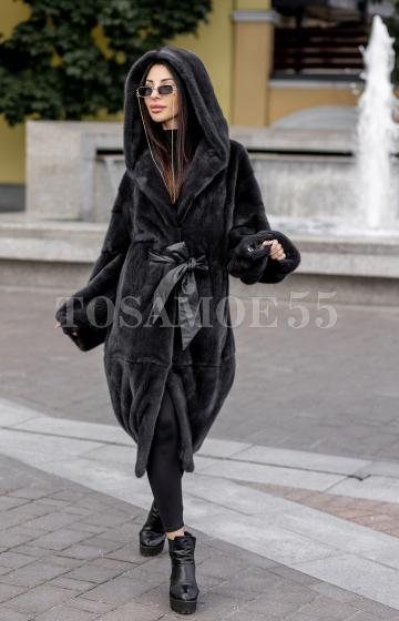 Длинная норковая шуба баллон с капюшоном