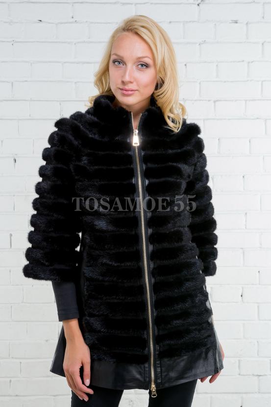 Шуба облегченная из норки с кожаными вставками фото №1