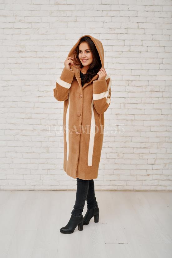 Стильная шуба-пальто из шерсти с капюшоном фото №5