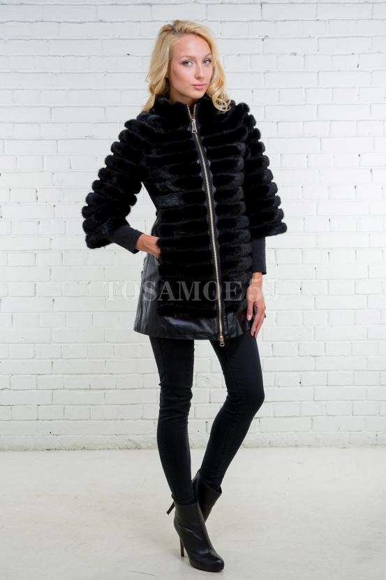 Шуба облегченная из норки с кожаными вставками фото №4