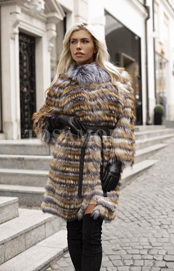 Шуба черно-желтая мех натуральной чернобурки